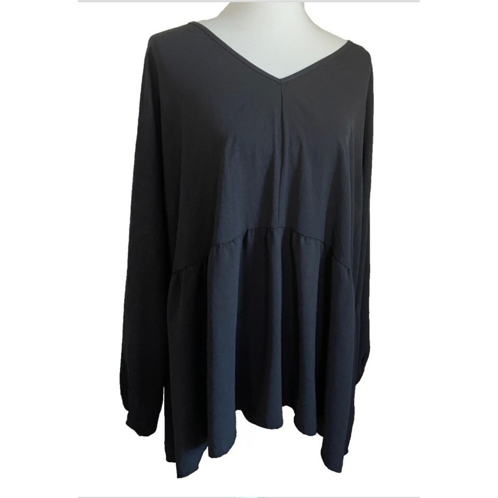ENTRO Black Crinkle TIERED BLOUSE TOP Flowy Ruffle V-NECK Lightweight PLUS 2XL
